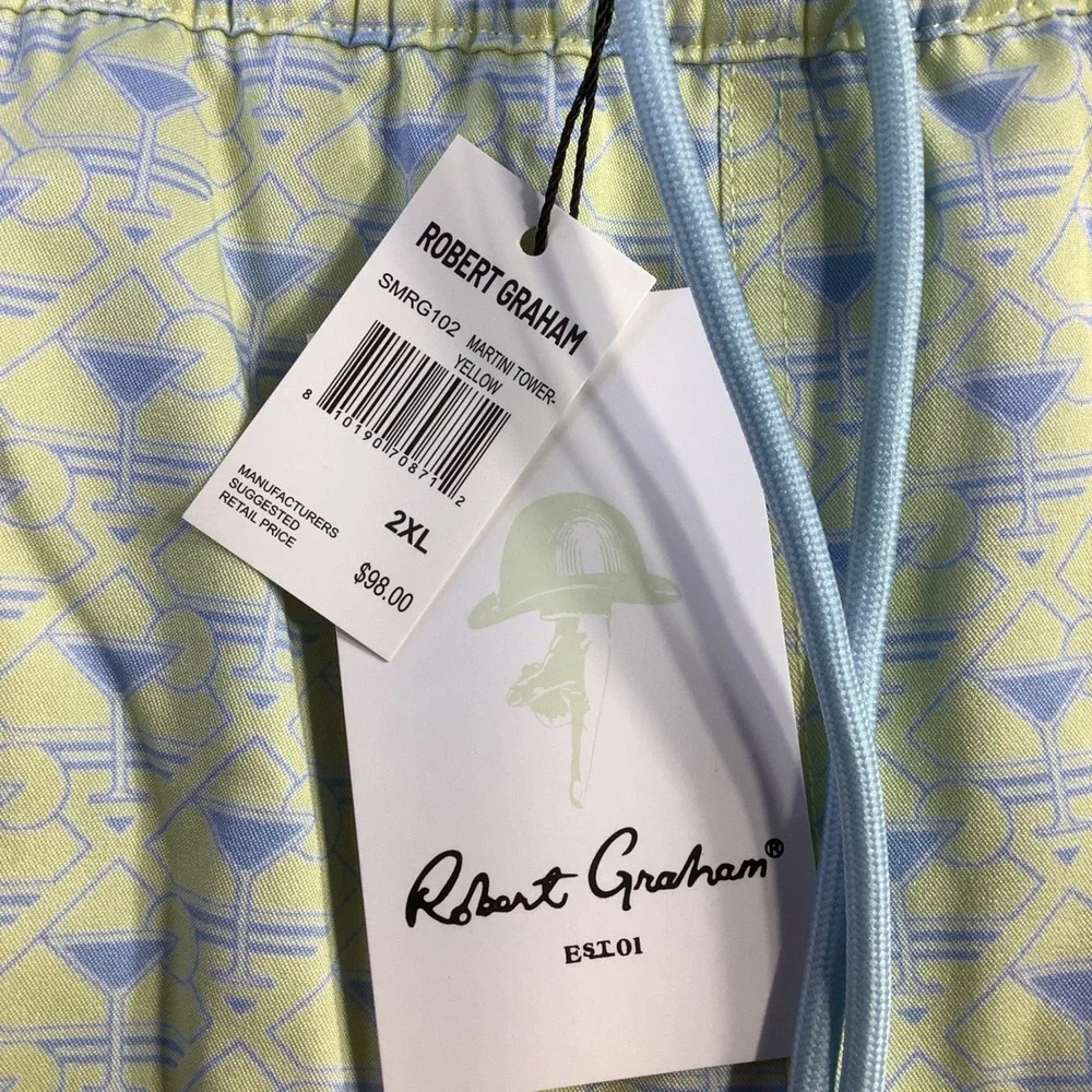 Robert Graham Martini Tower Swim Trunks Yellow Blue Martini Glass Size 2XL NWT